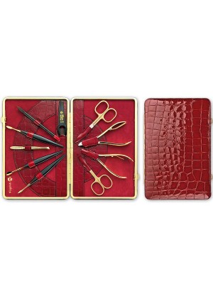 Niegeloh Kroko XL Leather Framed Manicure Set Red 24 ct gold plated 